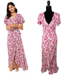 Loft Beach Paisley Pink Wrap Maxi Dress Size XS